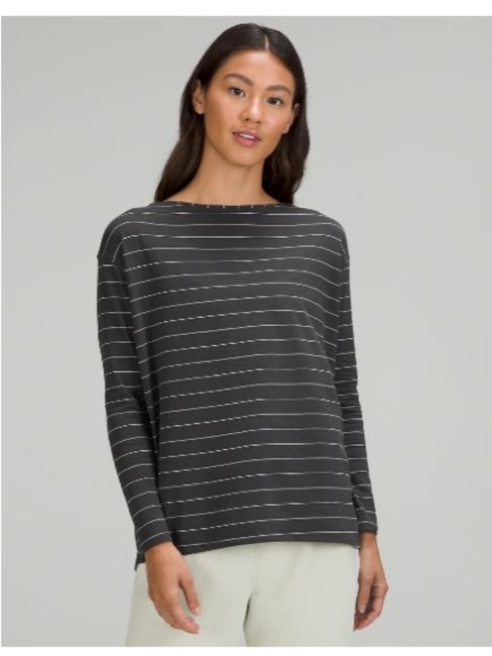 🍋 Lululemon Back in Action Long Sleeve- Short Serve Stripe Graphite Grey White